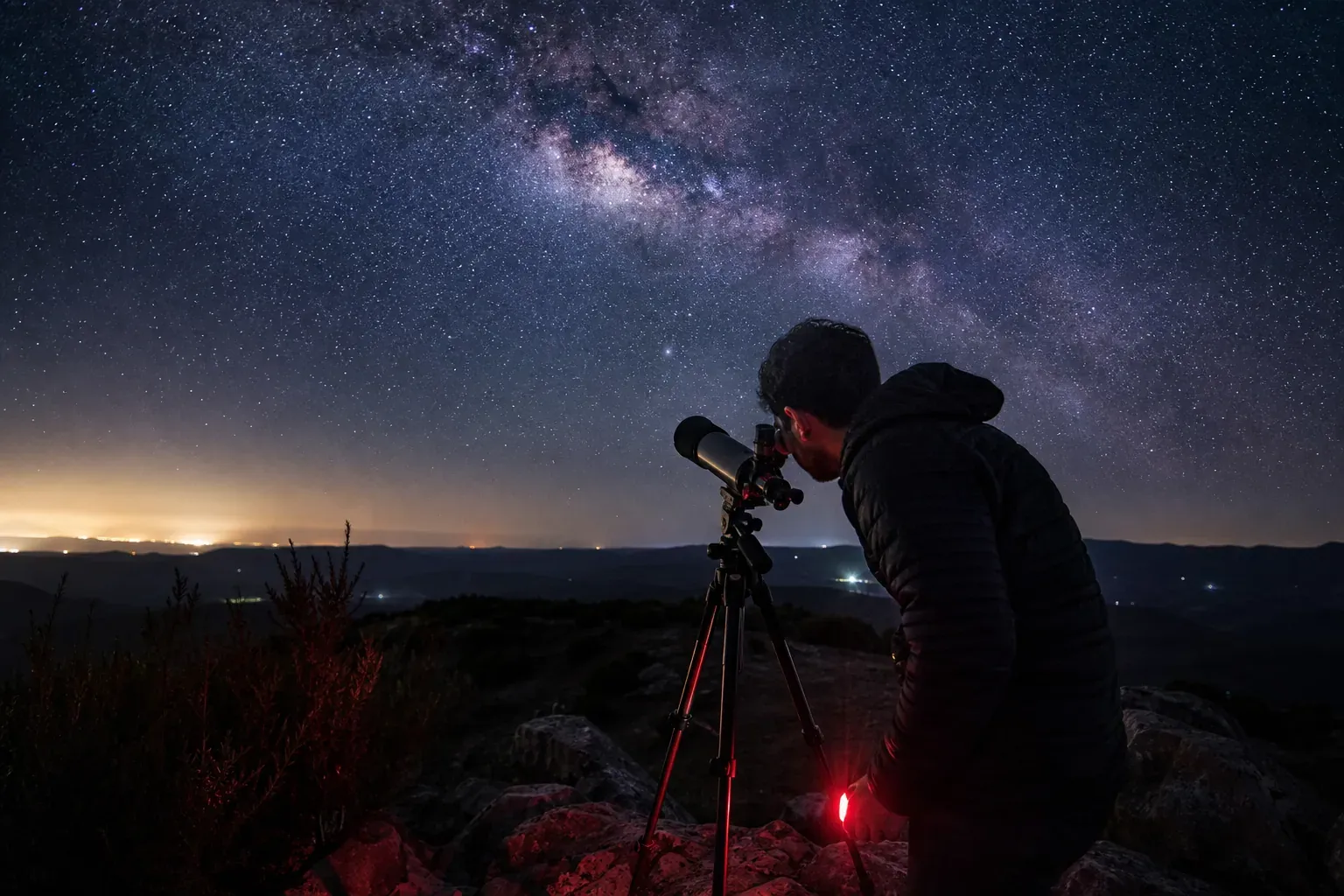Une personne observe la Voie lactée avec un télescope depuis un paysage sombre, sous un ciel étoilé très net.