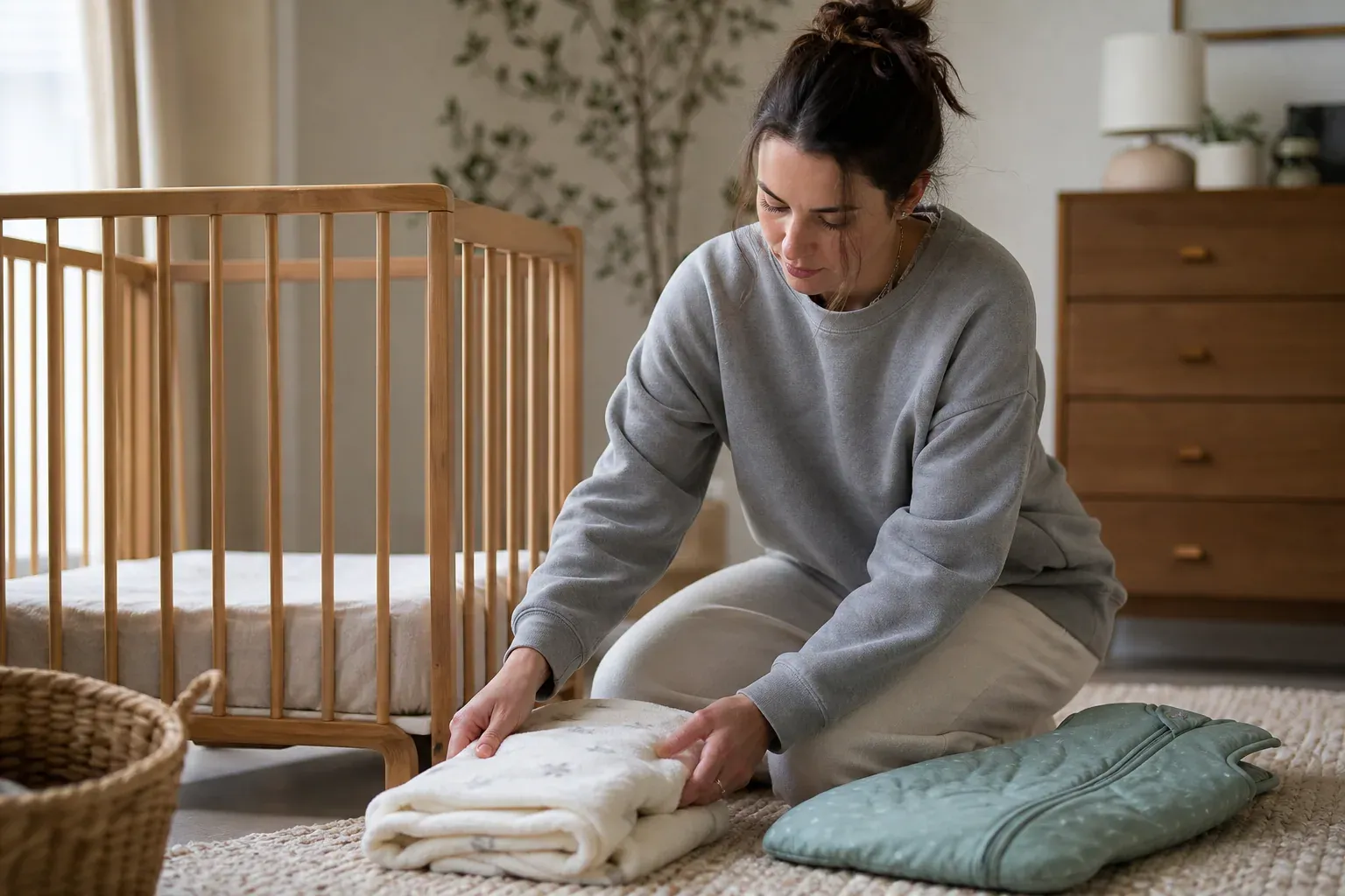 Parent préparant une couverture en micropolaire à côté d’un berceau et d’une gigoteuse dans une chambre de bébé lumineuse.