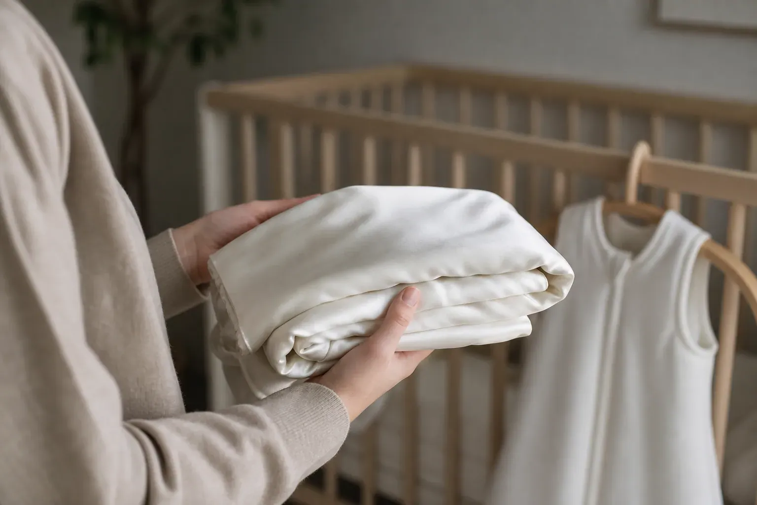 Dans une chambre de bébé lumineuse, des mains tiennent une couverture en satin pliée à côté d’un berceau et d’une gigoteuse blanche.