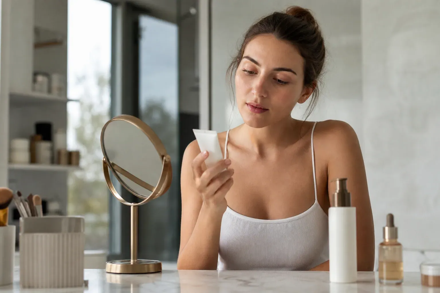 Personne observant une crème de jour légère et un flacon de protection solaire dans une salle de bain lumineuse