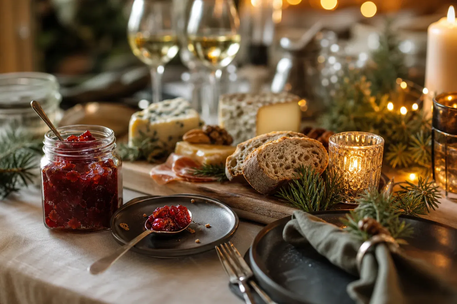 Table de Noël élégante avec un pot de confiture artisanale, un plateau de fromages, du pain, des bougies et une ambiance chaleureuse.