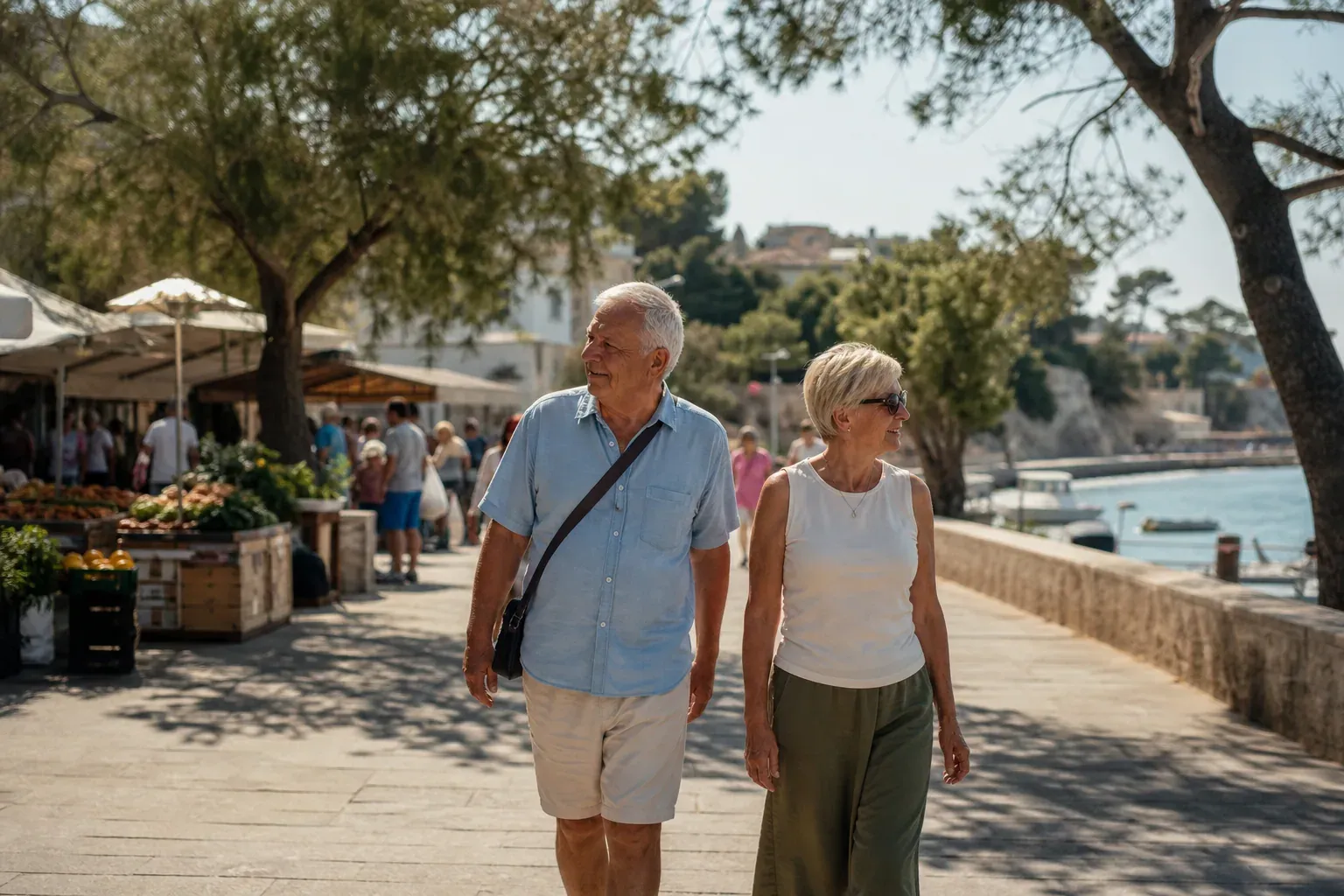 Couple de retraités marchant sur une promenade en bord de mer dans un cadre méditerranéen ensoleillé, avec une ambiance paisible et active.