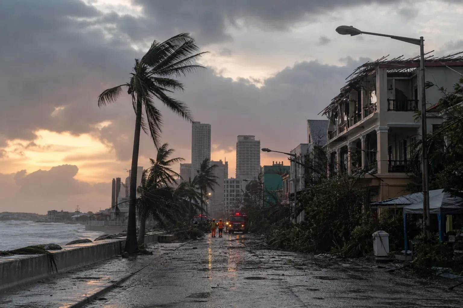 Vue réaliste d’une ville côtière inondée après un typhon, avec des rues submergées, des bâtiments endommagés et un ciel encore chargé de nuages.