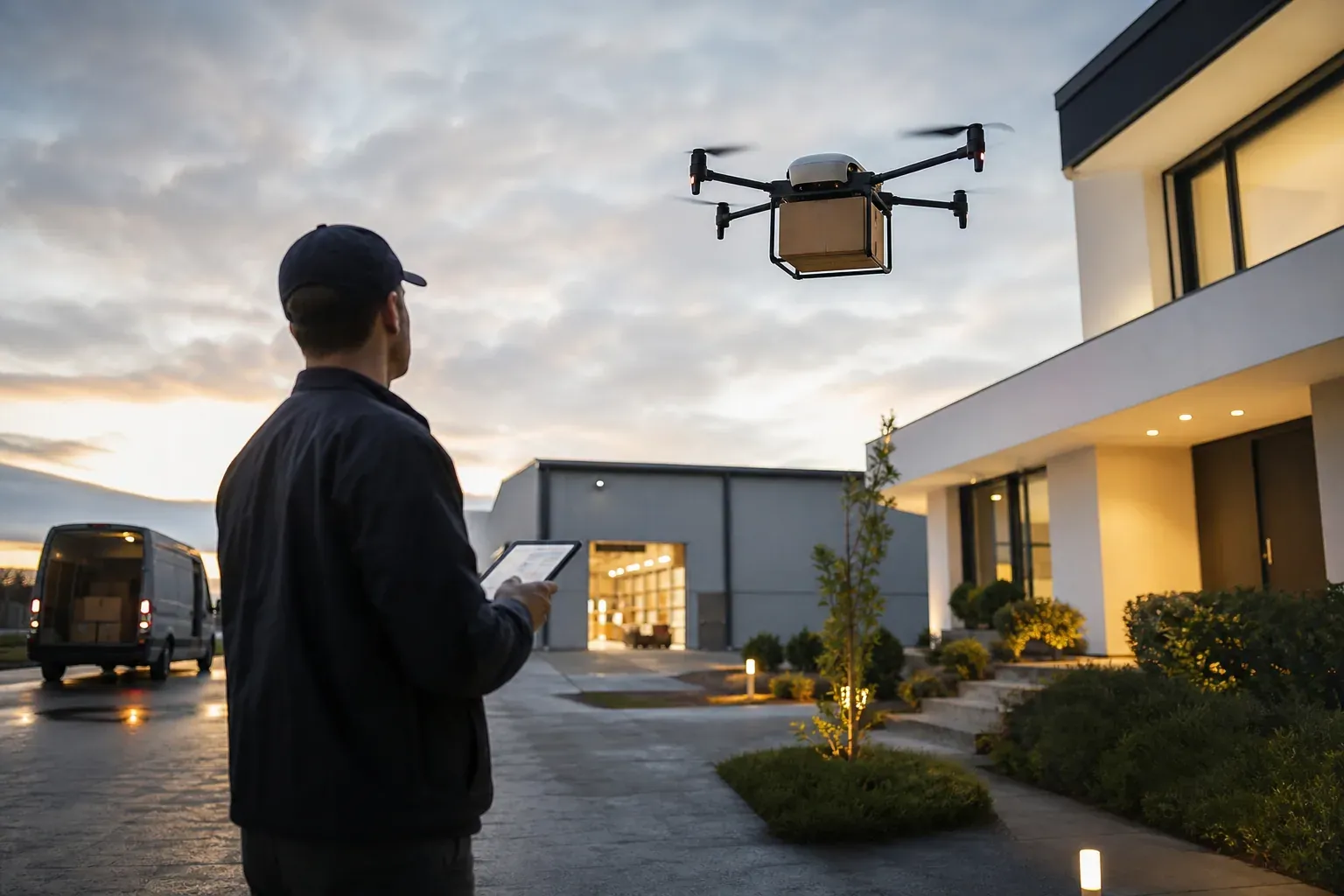Un drone de livraison commerciale en vol près d’une zone résidentielle, avec un opérateur qui supervise l’opération.