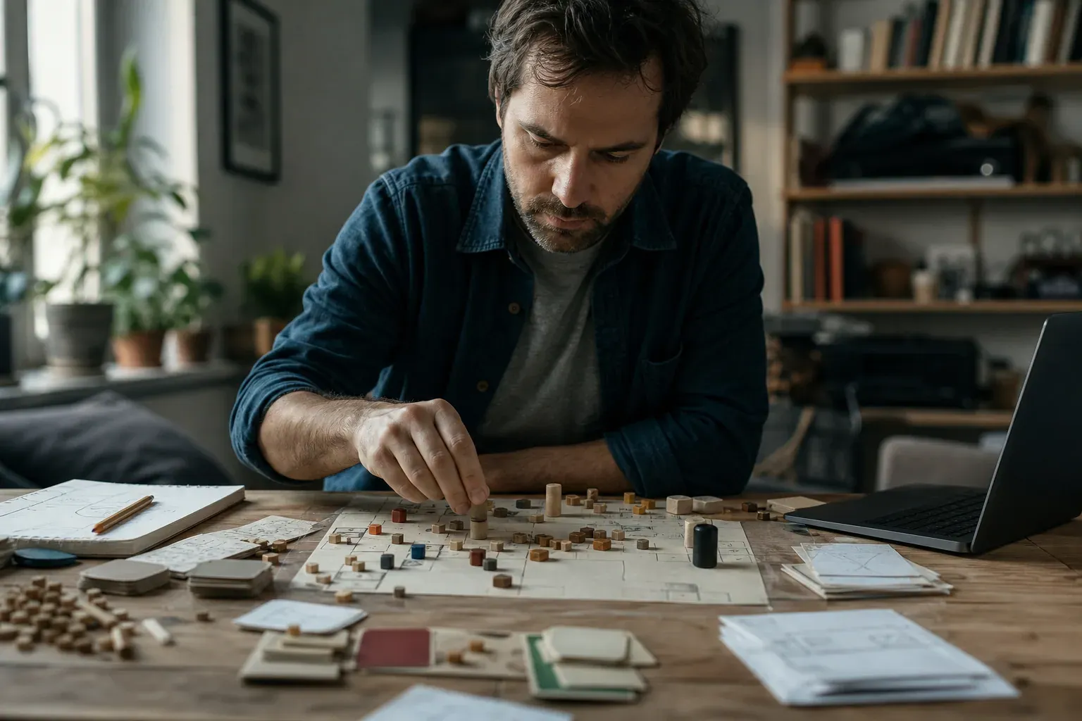 Une personne teste un prototype de jeu de société artisanal sur une table avec cartes, dés, pions et notes de conception.