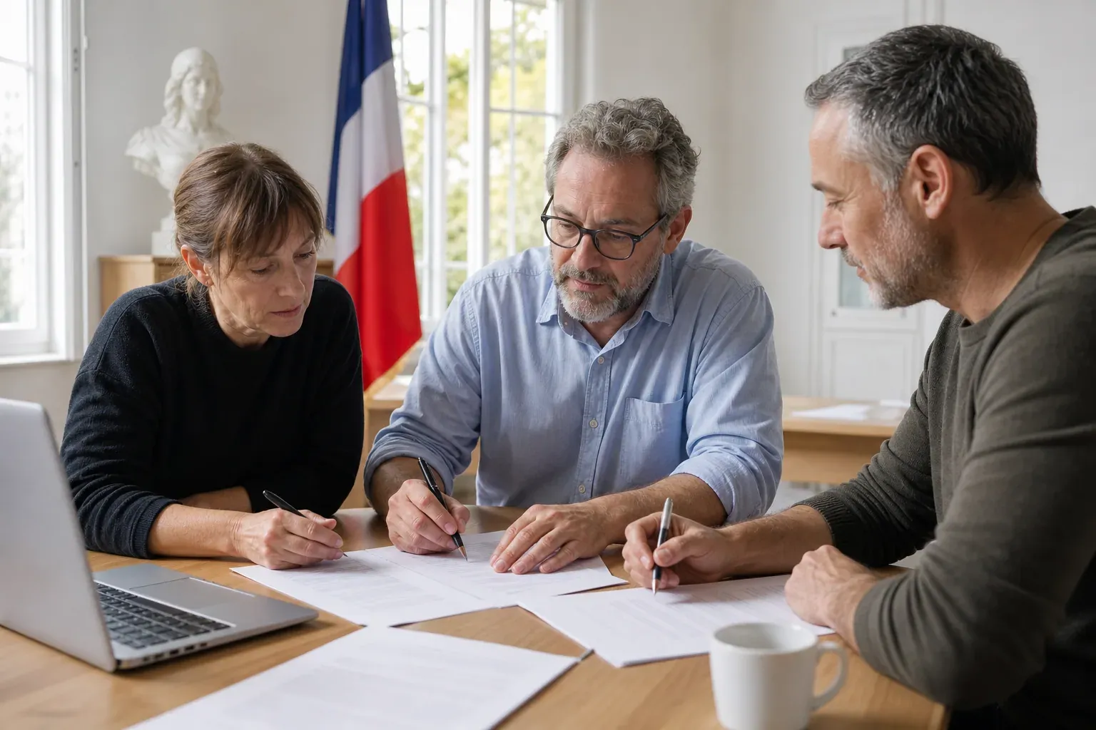 Trois personnes en réunion remplissent et signent les statuts d’une association autour d’une table avec des documents administratifs.
