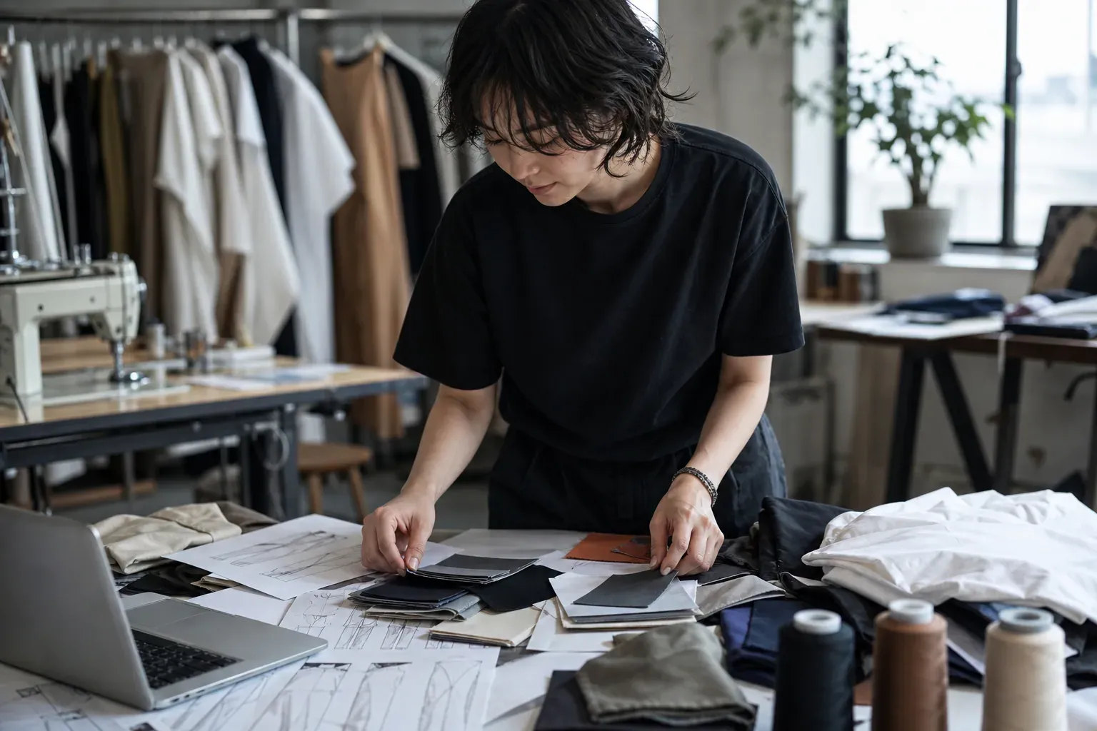 Entrepreneur de la mode dans un atelier, entouré de tissus, croquis, machine à coudre et ordinateur portable.