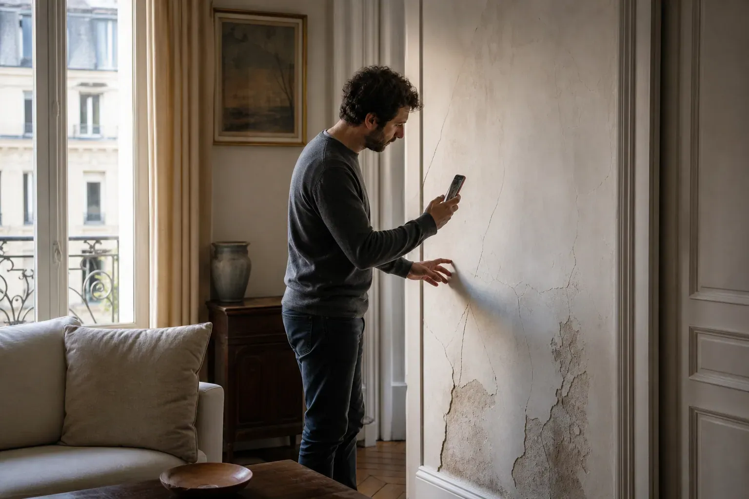 Un propriétaire observe des fissures sur un mur intérieur et prend des photos avec son téléphone pour préparer une déclaration à l’assurance.