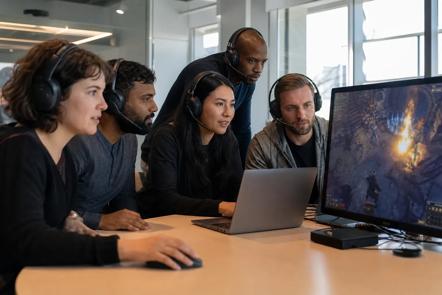 Une équipe de bureau joue ensemble à un jeu de rôle en ligne dans une salle de réunion moderne, avec écouteurs et écran partagé.