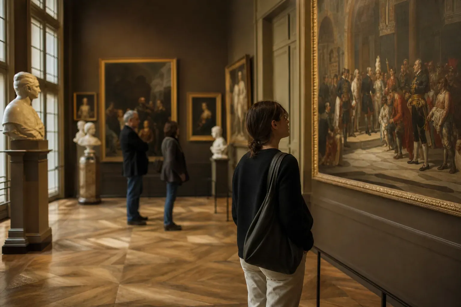 Intérieur élégant d’un musée parisien discret, avec quelques visiteurs devant des œuvres dans une salle calme et lumineuse.