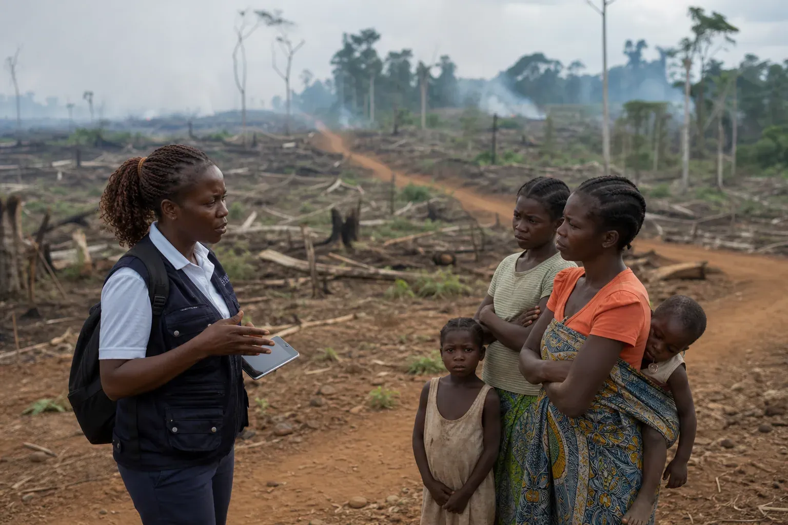 Photo réaliste d’une zone forestière défrichée en bordure de village, avec fumée de brûlis, souches d’arbres et agent de santé discutant avec des habitants.