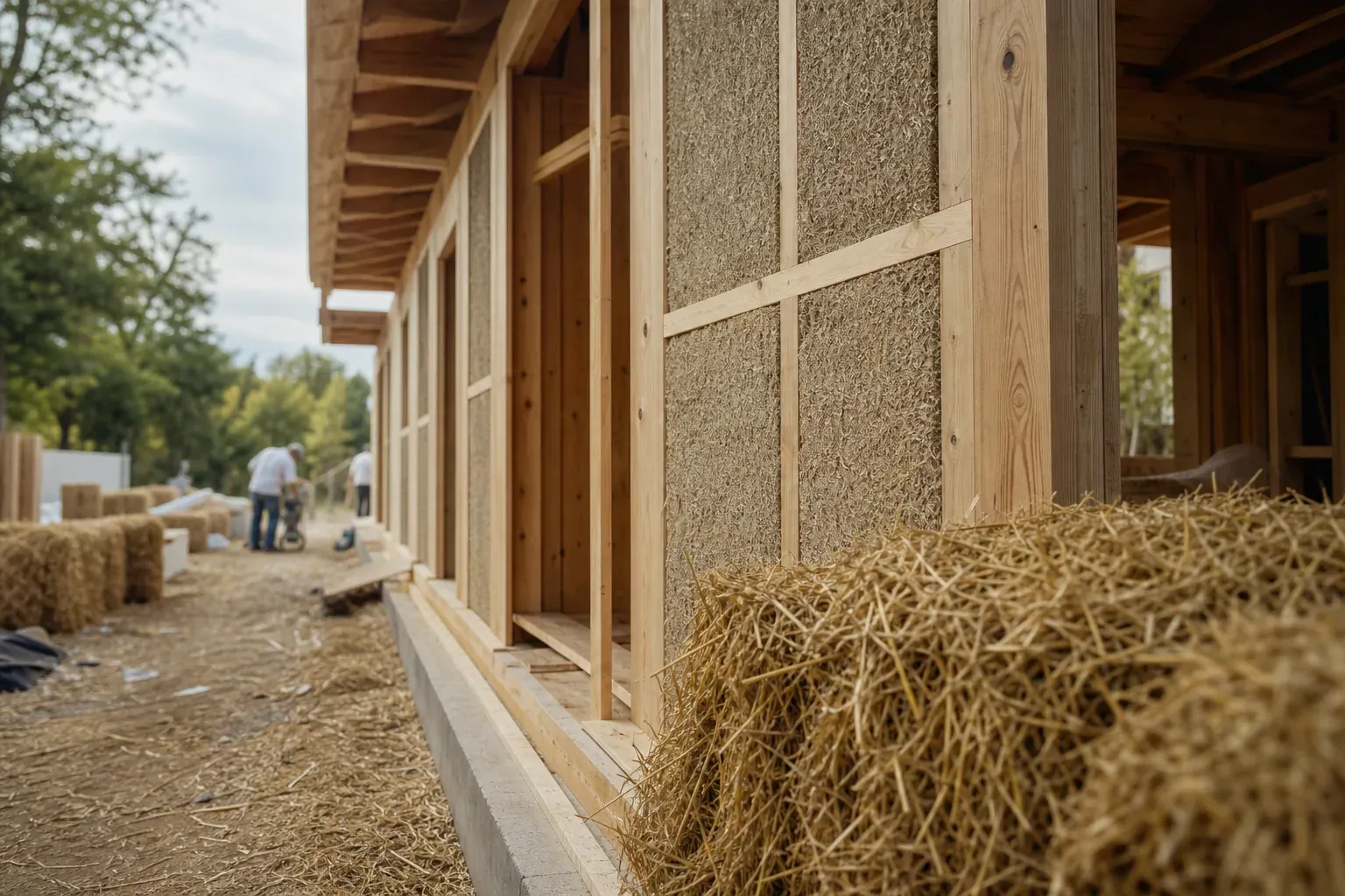 Chantier d’une maison écologique avec ossature bois, isolant en chanvre et bottes de paille, dans une ambiance réaliste et lumineuse.