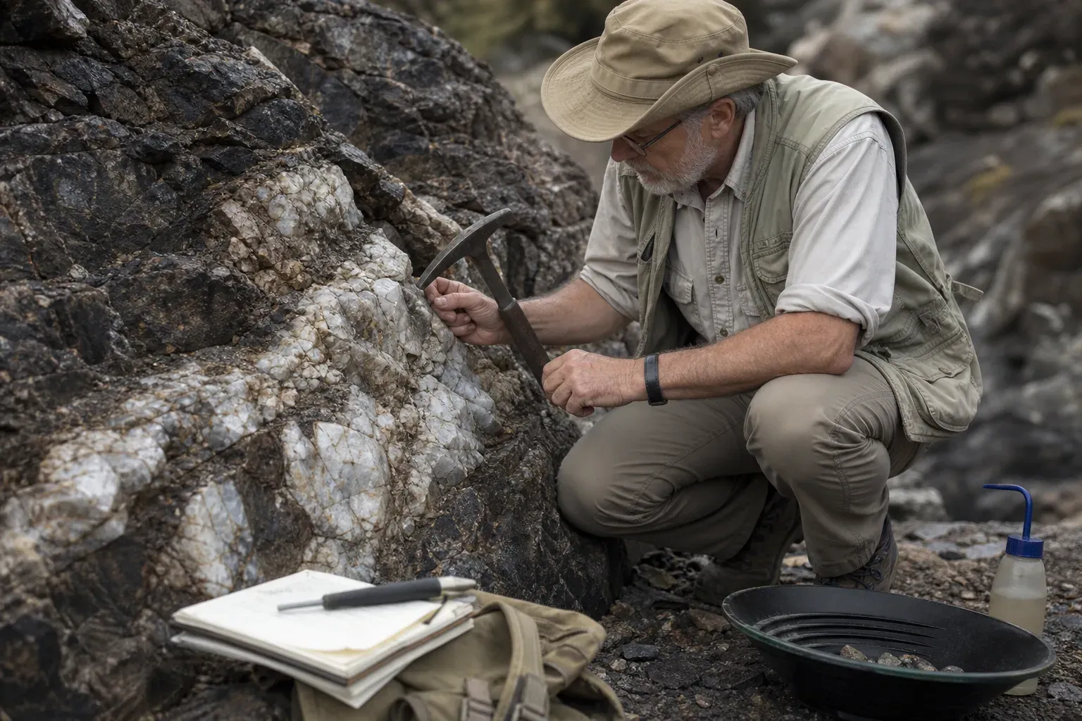 Un géologue observe une veine de quartz dans un affleurement rocheux, avec du matériel de terrain et des outils de prospection à proximité.