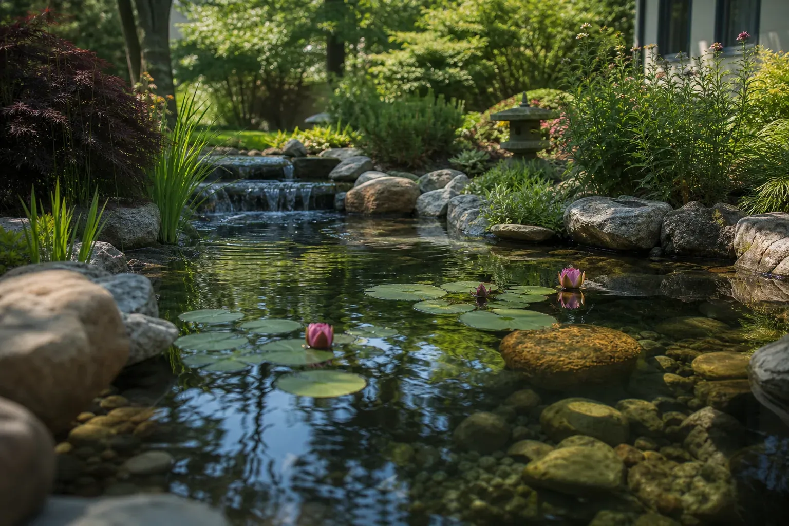 Petit bassin d’agrément aménagé dans un jardin avec bordures en pierre, plantes aquatiques et eau calme