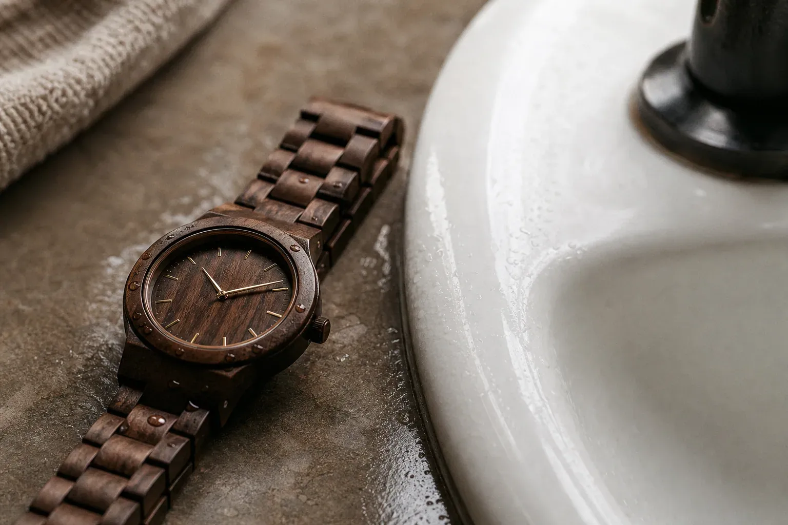 Une montre en bois posée près d’un lavabo, avec quelques gouttes d’eau, dans une scène réaliste de salle de bain.
