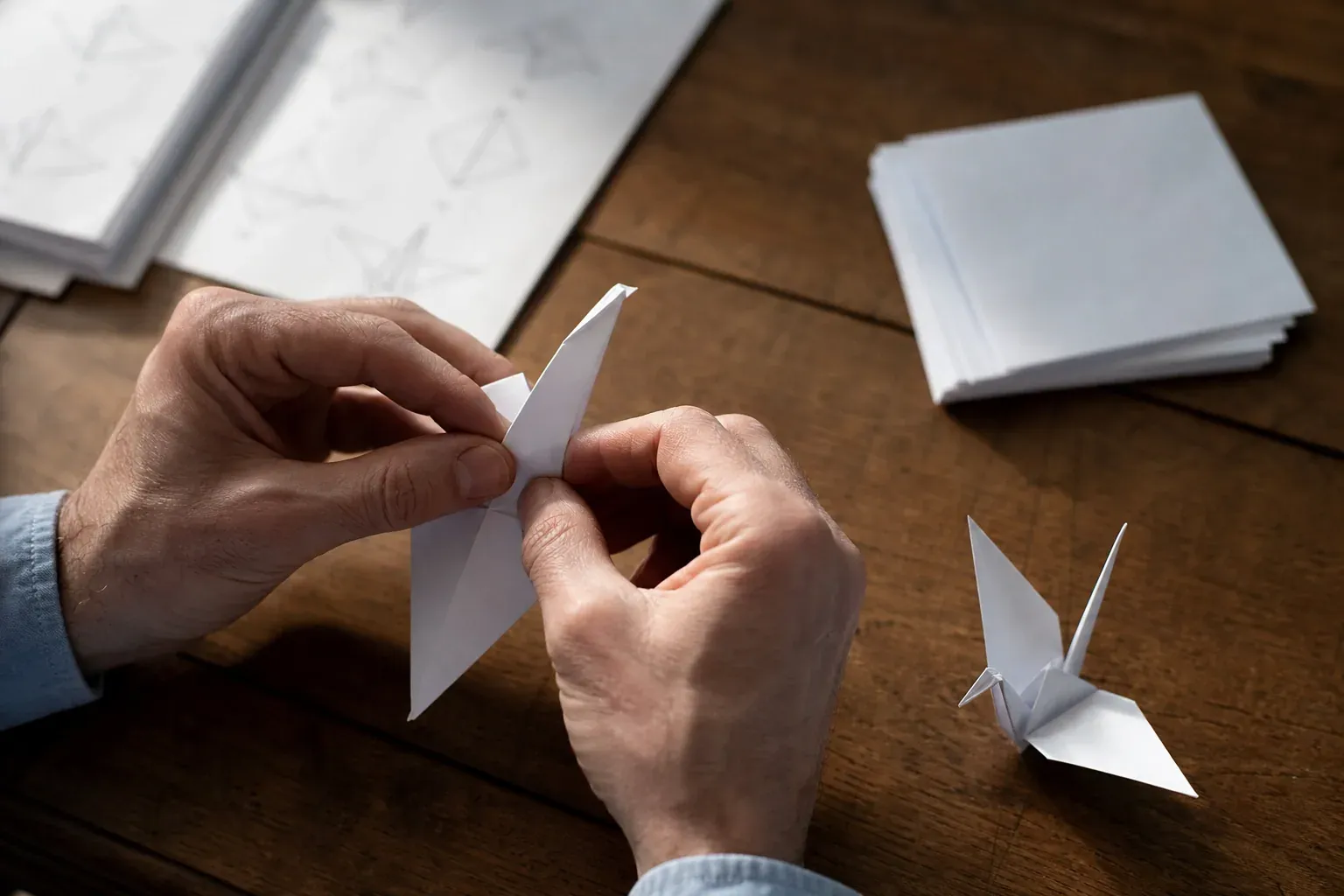 Des mains plient avec précision une feuille carrée blanche pour créer une grue en origami sur une table en bois.