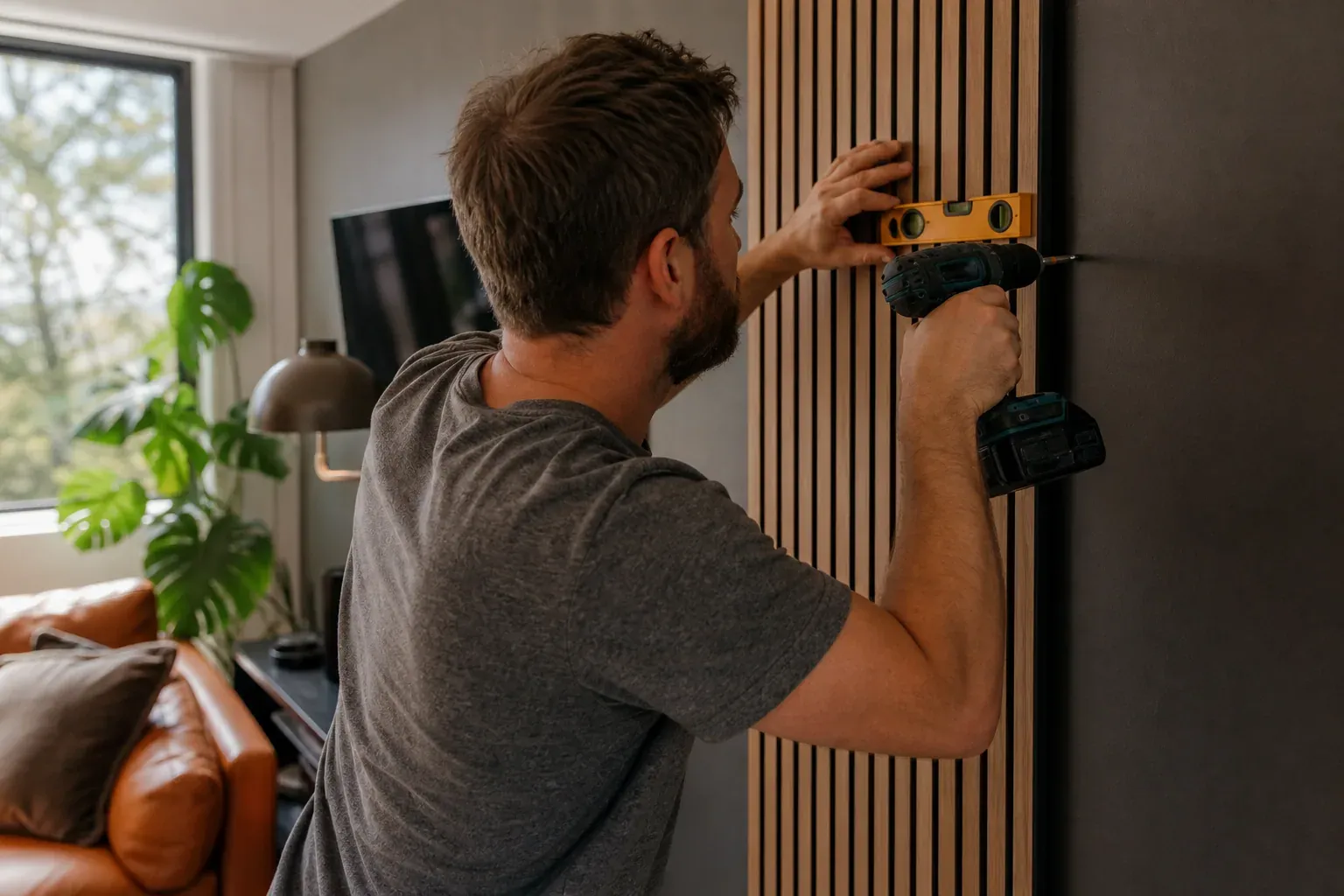 Un particulier pose des panneaux acoustiques en lattes de bois sur un mur de salon, avec un niveau et une perceuse, dans un intérieur moderne et chaleureux.