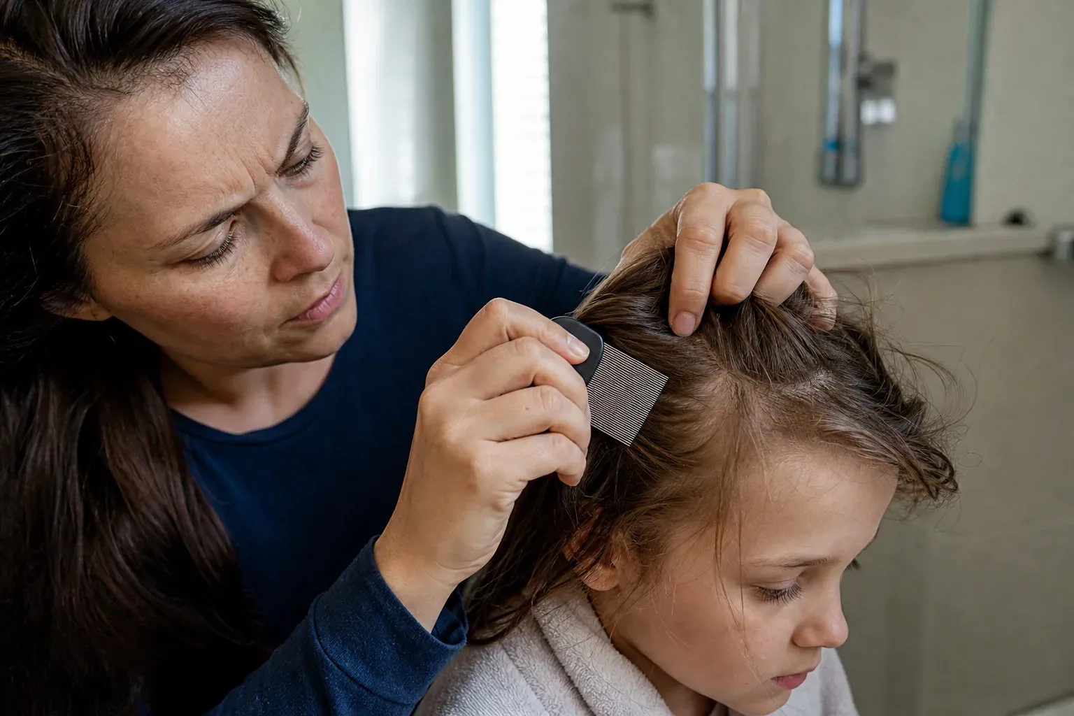 Une personne examine le cuir chevelu d’un enfant avec un peigne fin dans une salle de bain lumineuse.