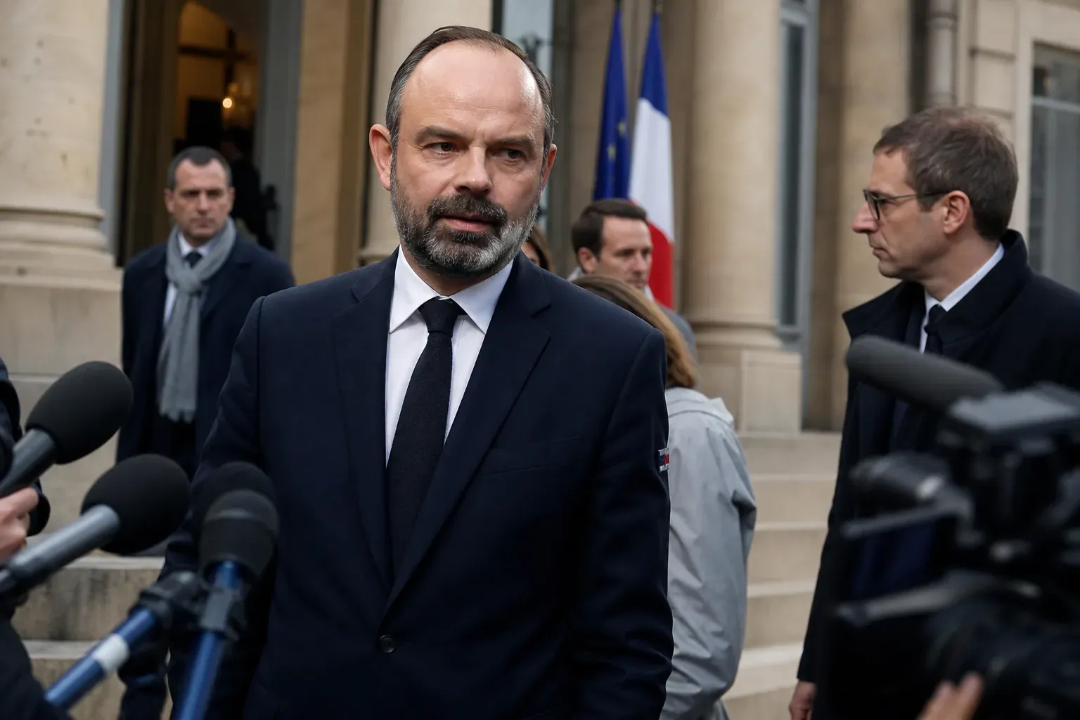 Édouard Philippe quittant un bâtiment gouvernemental à Paris, entouré de micros de presse, dans une scène photojournalistique réaliste.
