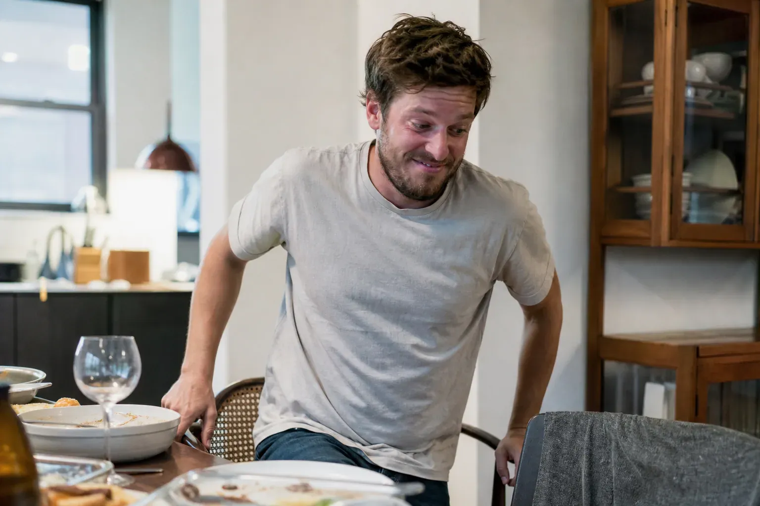 Photo réaliste d’une personne assise à une table de cuisine après un repas, légèrement gênée, dans un intérieur lumineux et naturel.