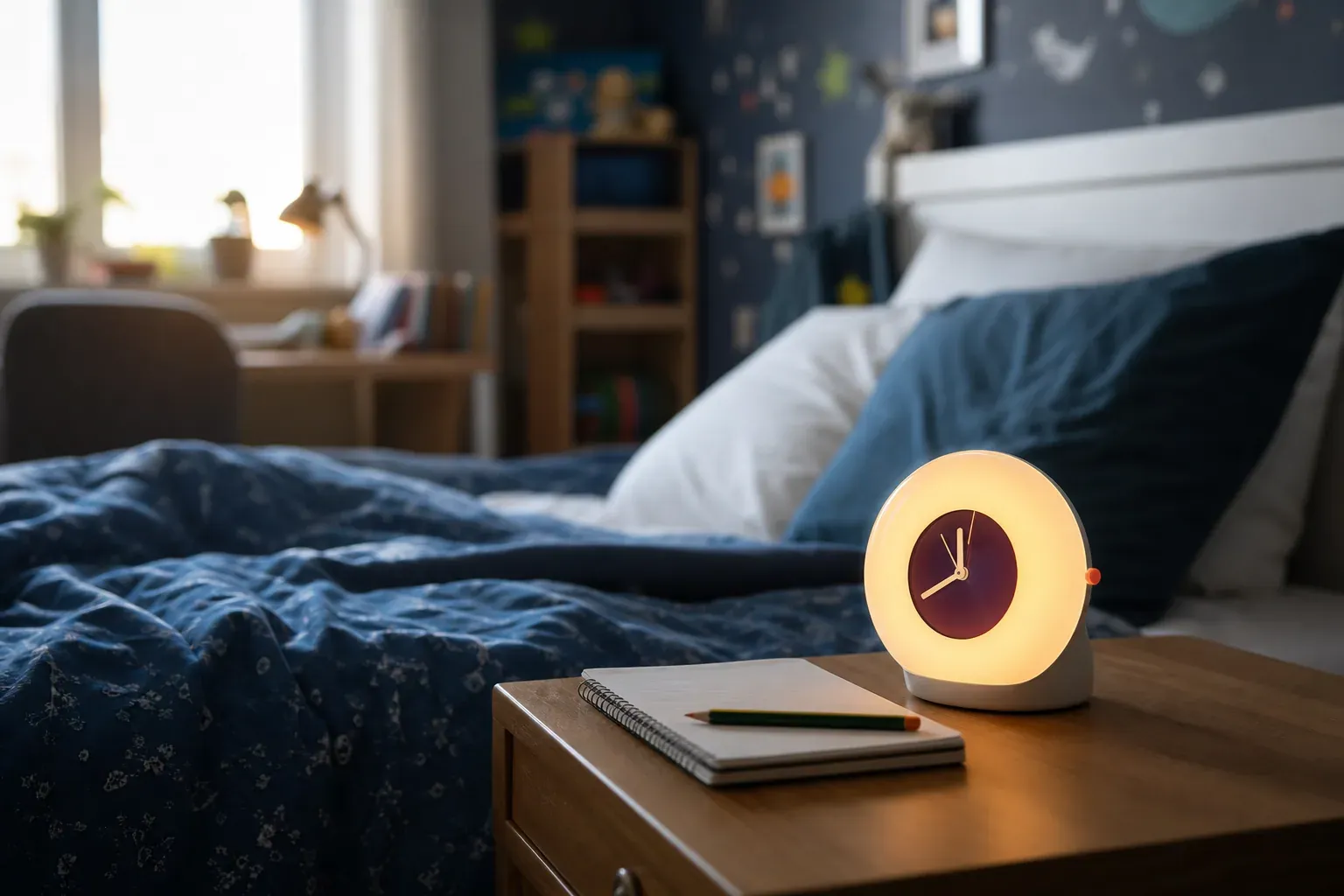 Un réveil éducatif posé sur une table de chevet dans une chambre d’enfant, avec une lumière douce du matin et un carnet de devoirs à proximité.