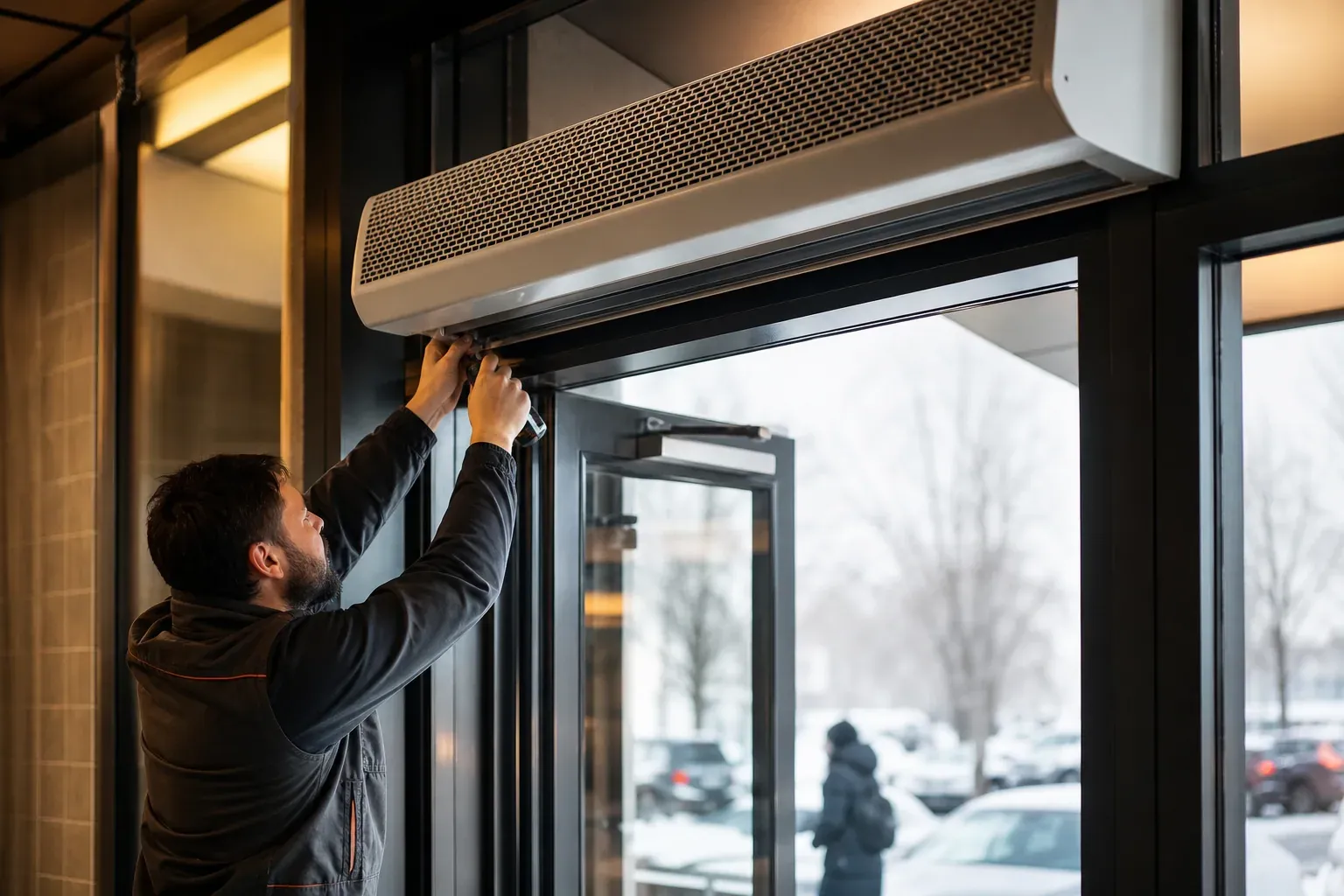 Entrée de commerce avec un rideau d’air chaud installé au-dessus d’une porte vitrée, un technicien à proximité et un contraste entre intérieur chauffé et extérieur froid.