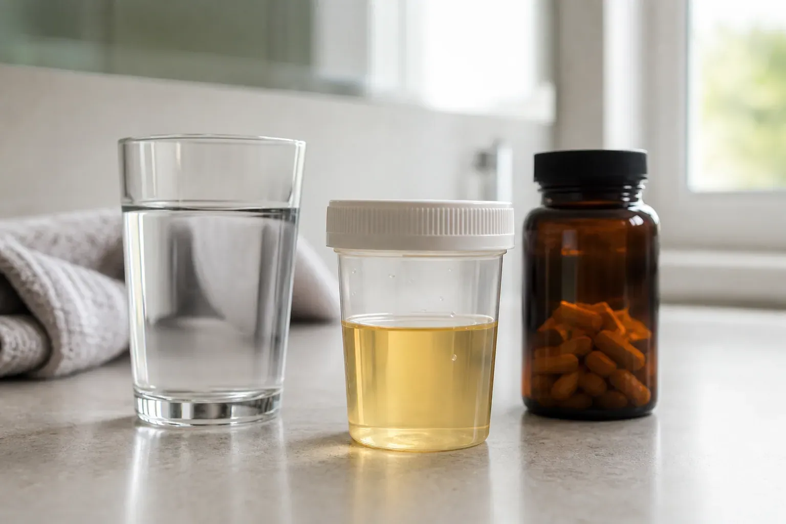 Un verre d’échantillon d’urine jaune pâle posé sur une salle de bain claire, à côté d’un verre d’eau et d’un flacon de vitamines.