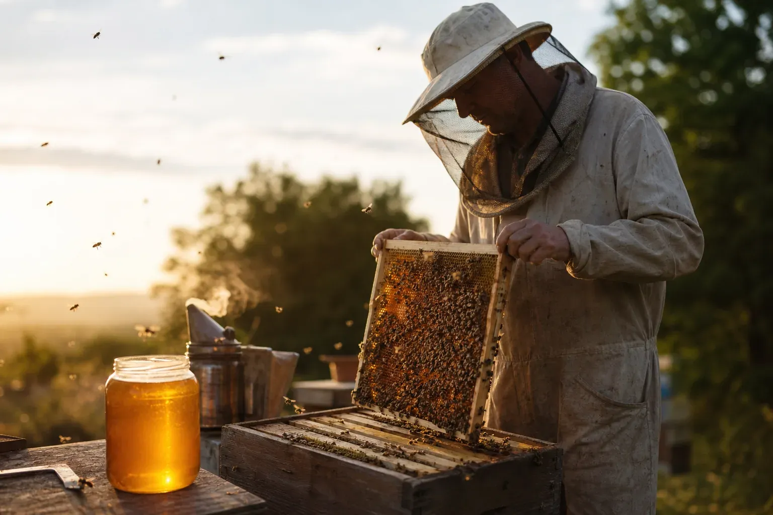 Un apiculteur ouvre une ruche en bois au lever du jour, avec des cadres de miel, des abeilles en vol et un pot de miel posé sur une table rustique.