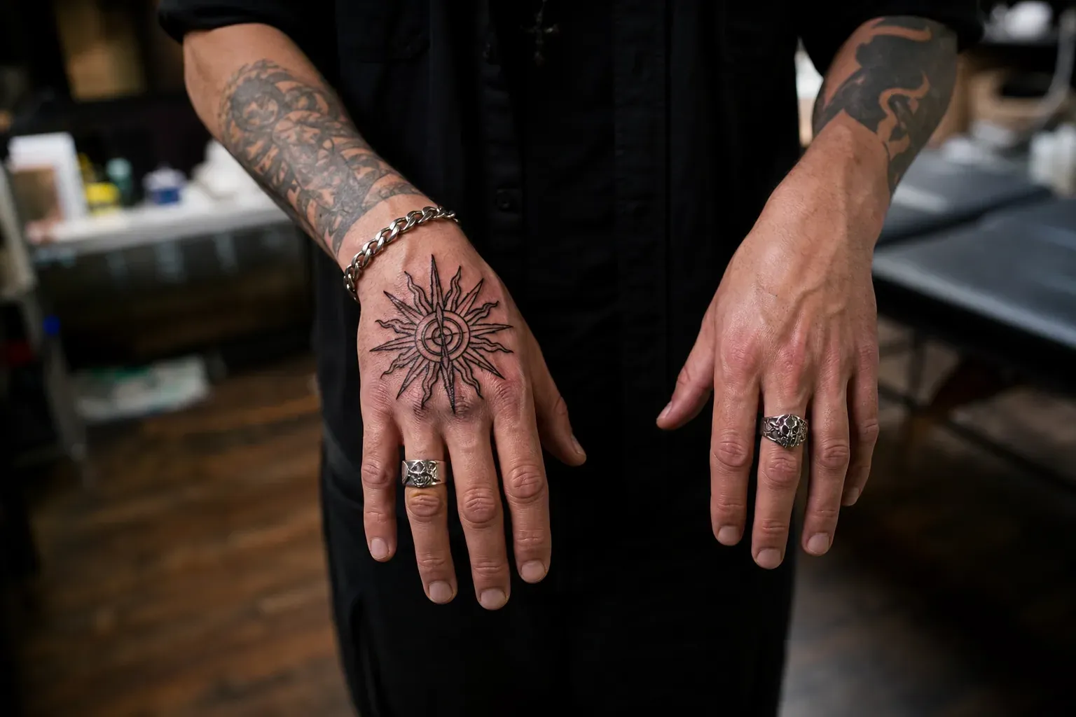 Gros plan réaliste des mains d’un homme avec un tatouage noir récent dans un salon de tatouage, lumière naturelle.