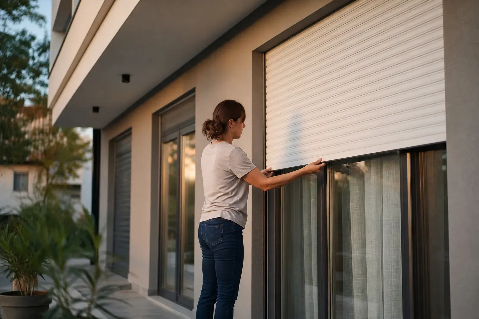 Une personne baisse un volet roulant sur une façade de maison moderne au moment où la lumière baisse.