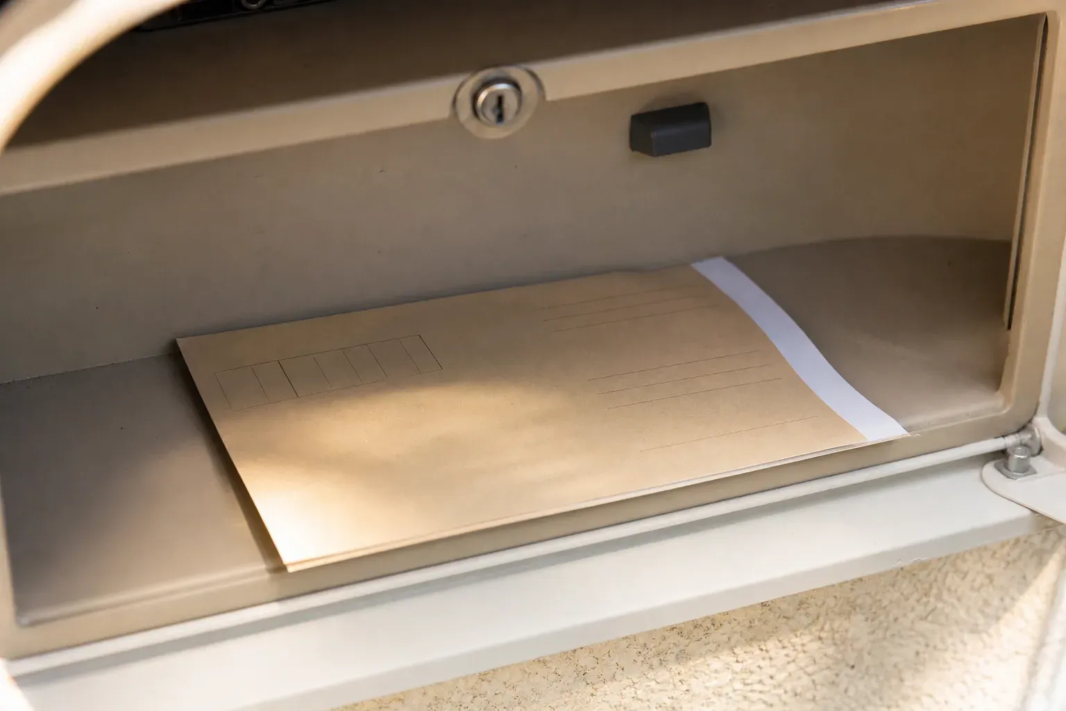 Avis de passage de La Poste pour un pli recommandé glissé dans une boîte aux lettres, gros plan, lumière naturelle.