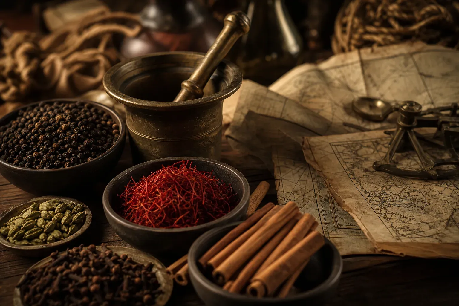 Nature morte réaliste avec du safran, du poivre noir, de la cannelle et d’autres épices anciennes posés près d’une carte maritime et d’un mortier en laiton.
