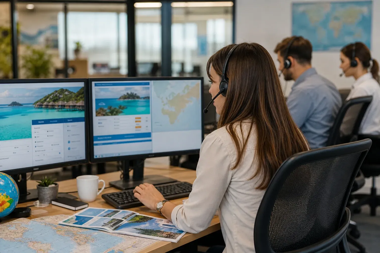 Équipe du service client d’une agence de voyage utilisant un logiciel de centre d’appel sur des écrans, avec casques et documents de réservation.