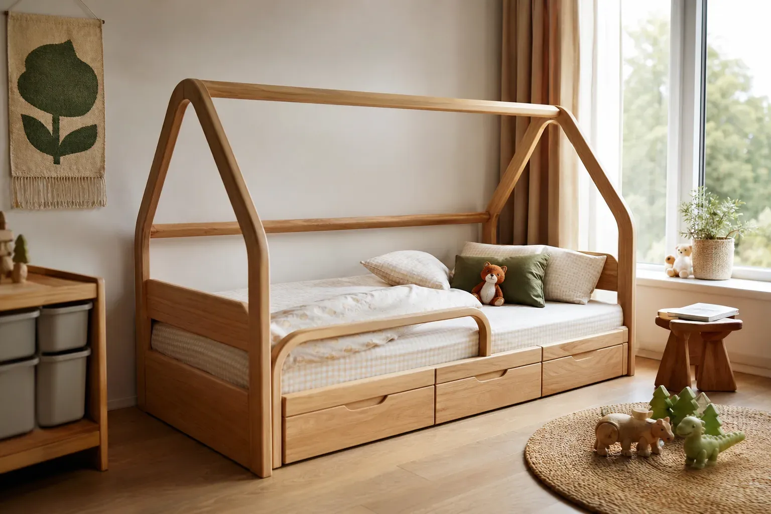Chambre d’enfant lumineuse avec un lit cabane en bois à coins arrondis et tiroirs intégrés, dans une ambiance rassurante et épurée.