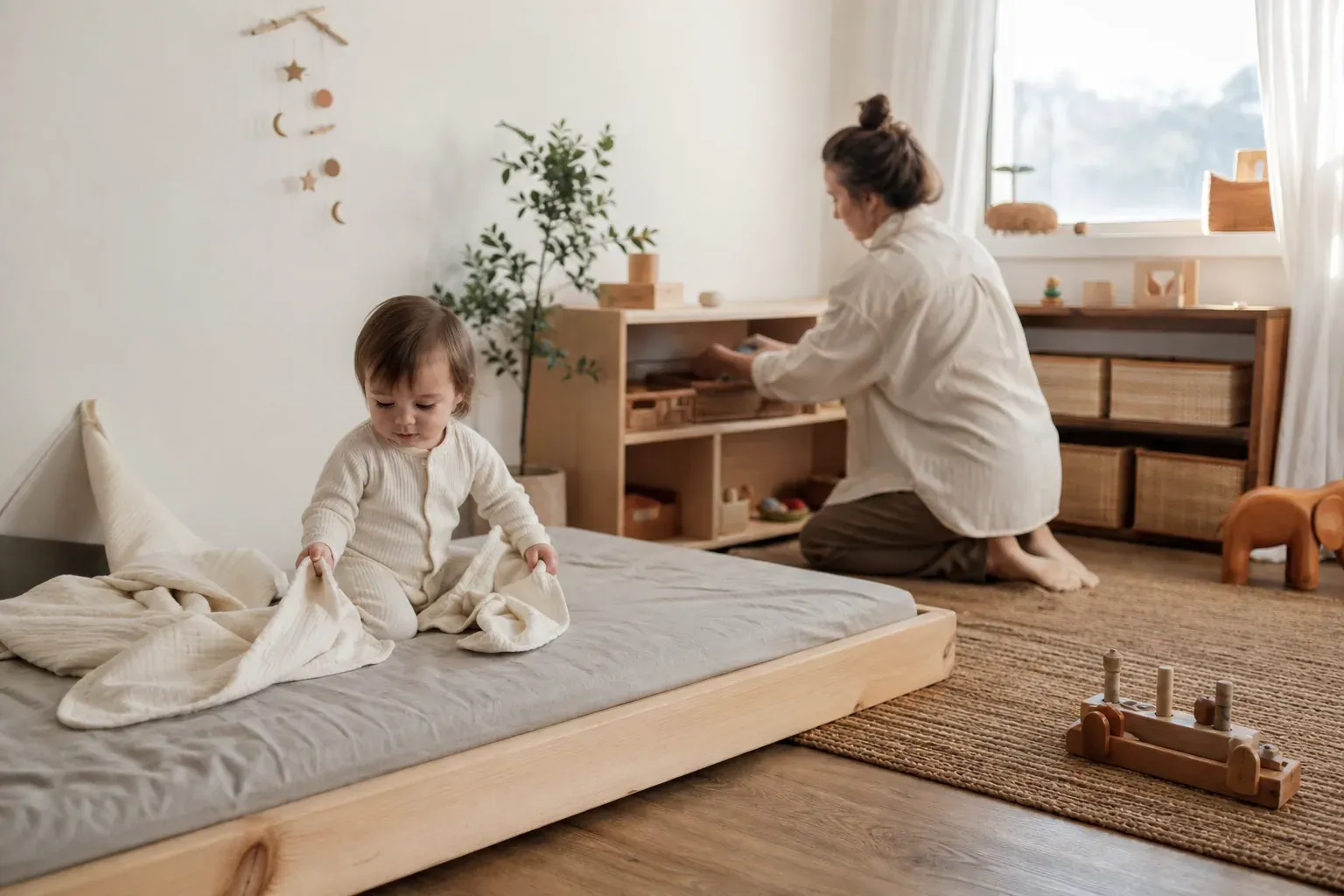 Un jeune enfant dans une chambre Montessori lumineuse, avec un lit au sol et un parent en train de sécuriser l’espace.