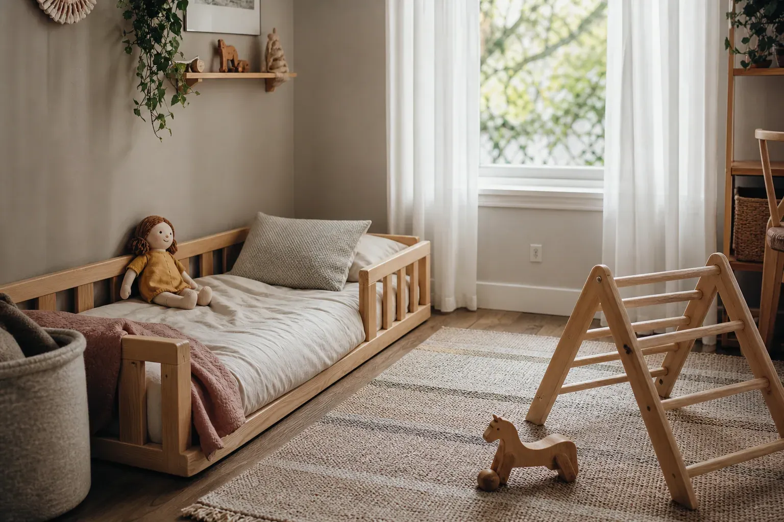 Chambre d’enfant lumineuse avec un lit Montessori en bois au ras du sol, un tapis doux et quelques jouets accessibles, dans une ambiance naturelle et sécurisée.