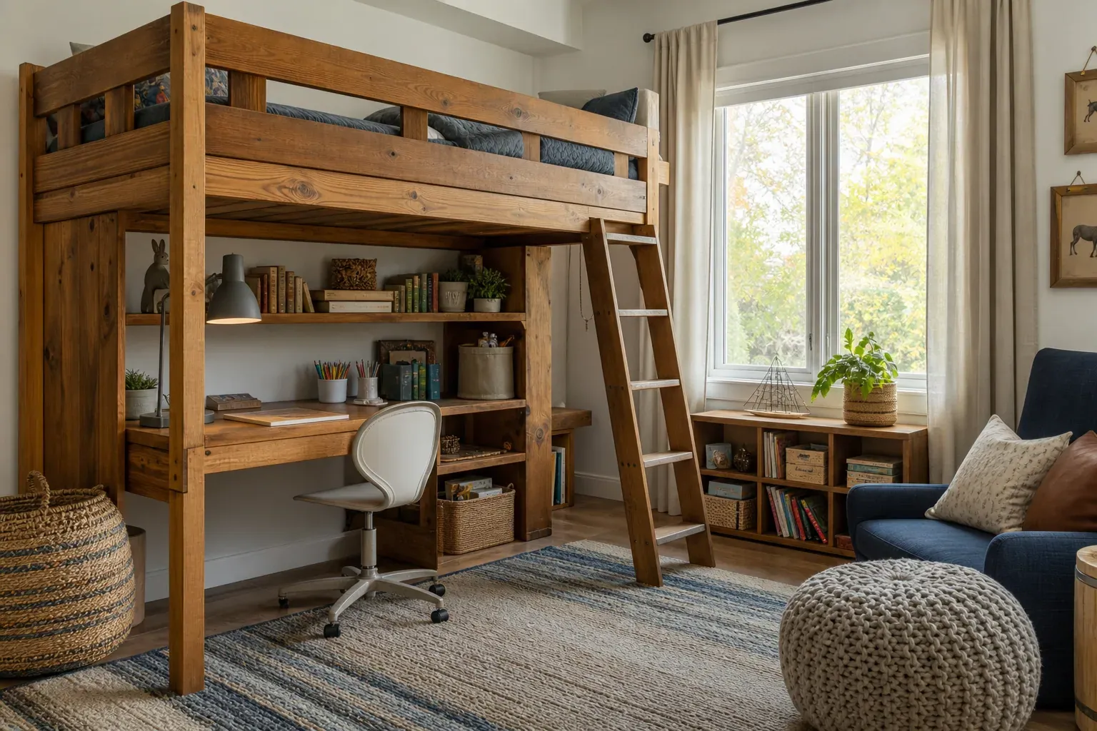 Chambre d’enfant lumineuse avec lit superposé cabane en bois, bureau intégré sous le couchage et étagères rangées avec fournitures scolaires.