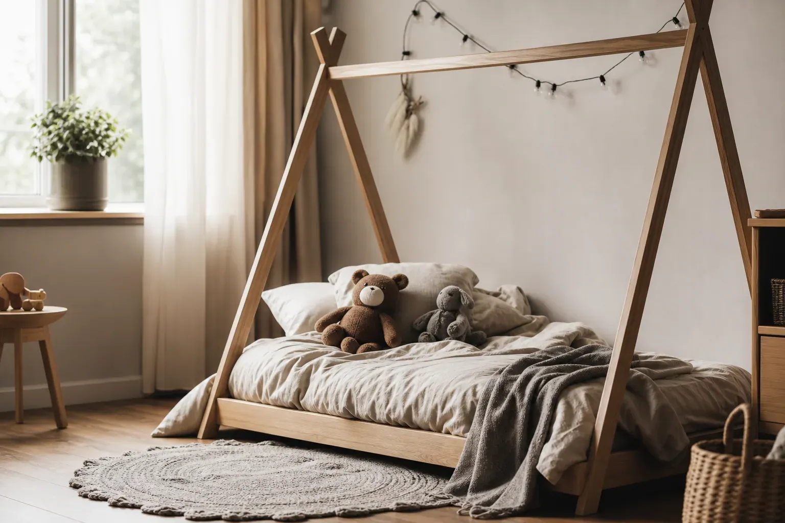Chambre d’enfant apaisante avec un lit tipi en bois bas, linge de lit neutre et ambiance douce et minimaliste.