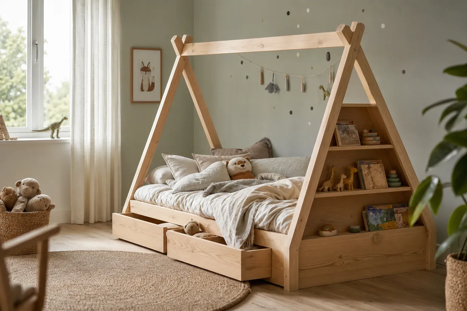 Lit tipi en bois dans une chambre d’enfant lumineuse, avec tiroirs intégrés, livres et jouets rangés, ambiance chaleureuse et naturelle.