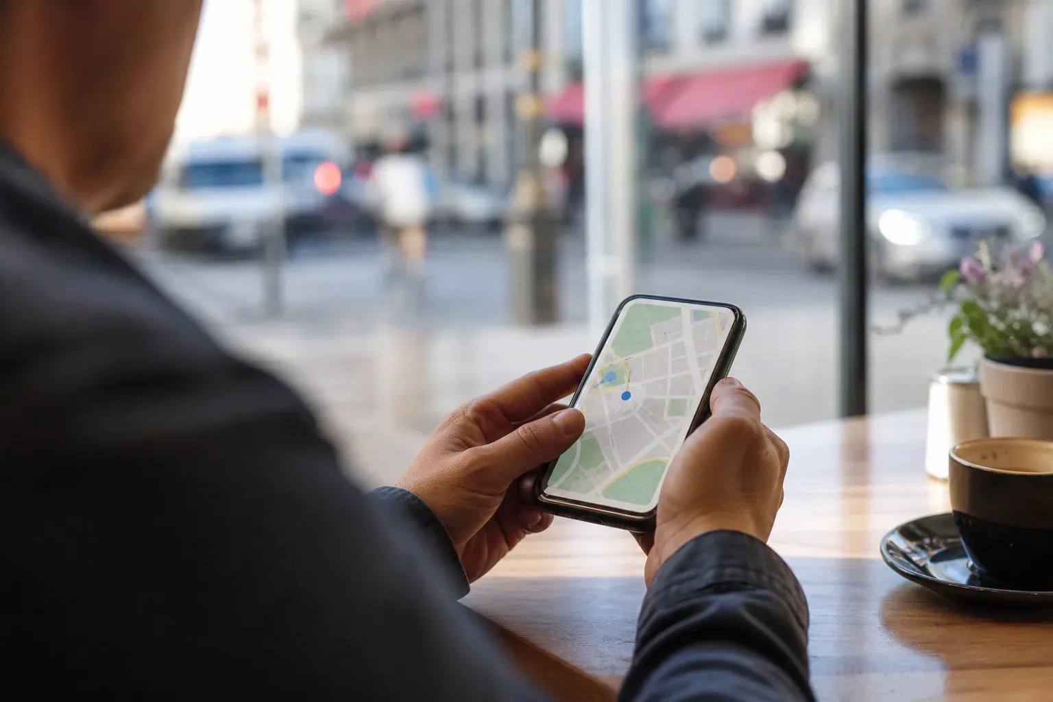 Une personne tient un smartphone affichant une carte de localisation dans un café lumineux.