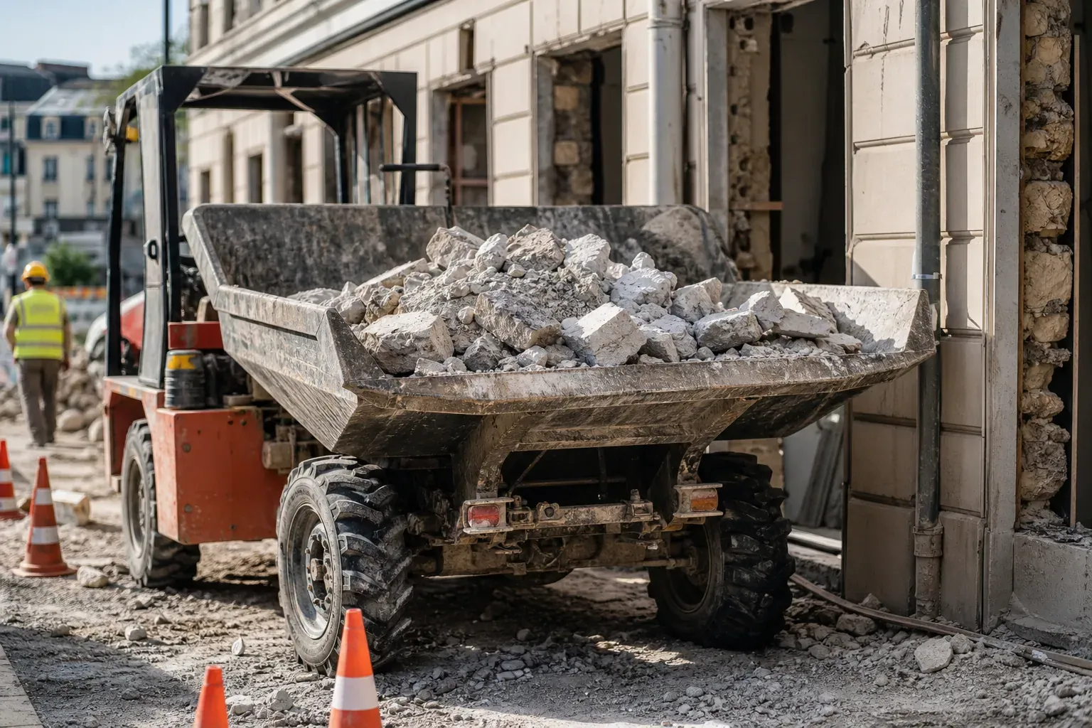 Camion benne chargé de gravats devant un chantier de rénovation, avec cônes de sécurité et ouvriers en arrière-plan.