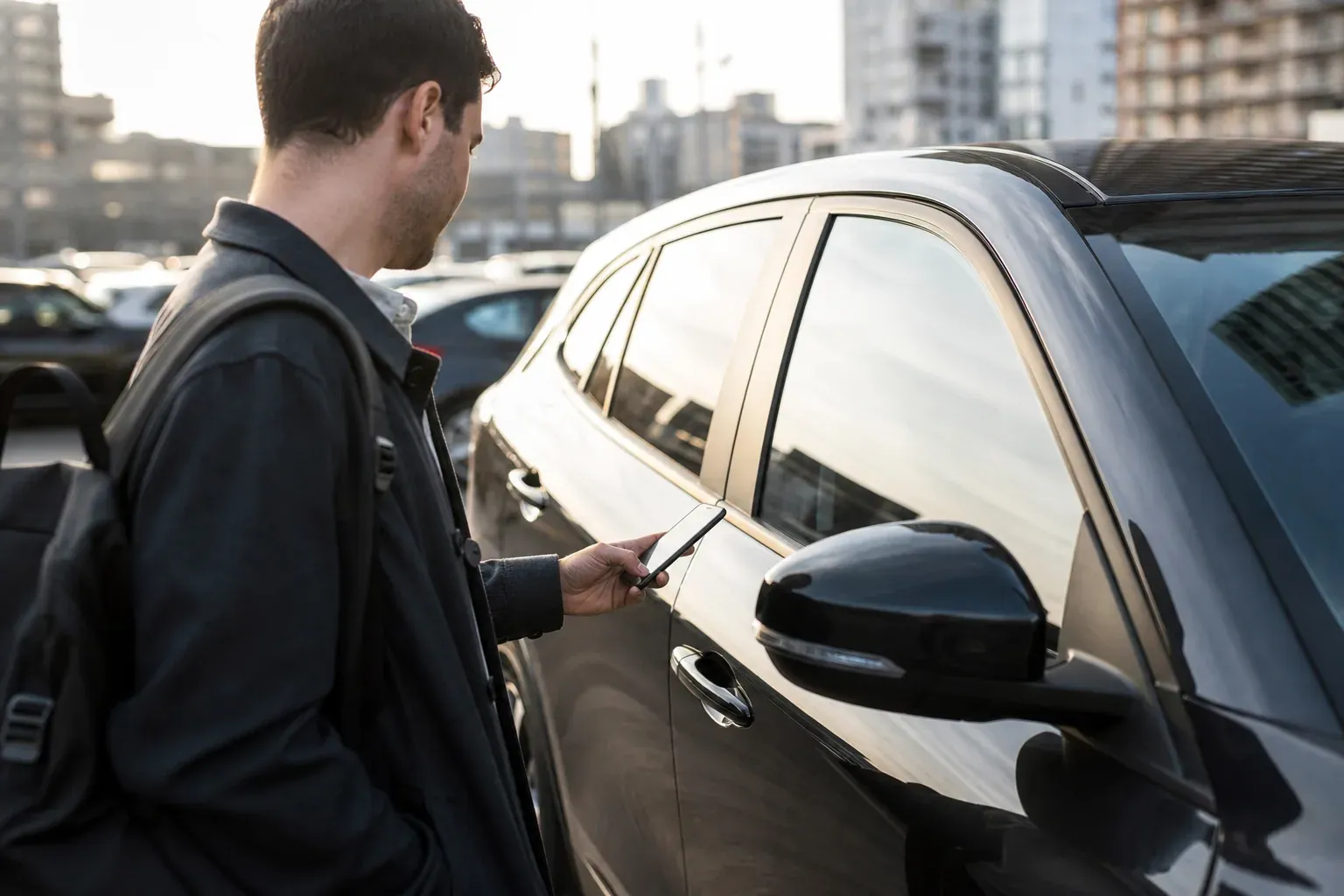 Une personne réserve et déverrouille une voiture de location depuis son smartphone sur un parking urbain.