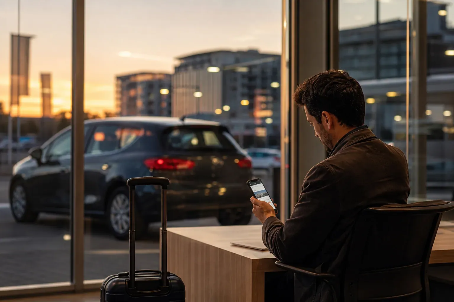 Voyageur consultant des offres de location de voiture sur smartphone devant une agence, avec une voiture compacte visible en arrière-plan.