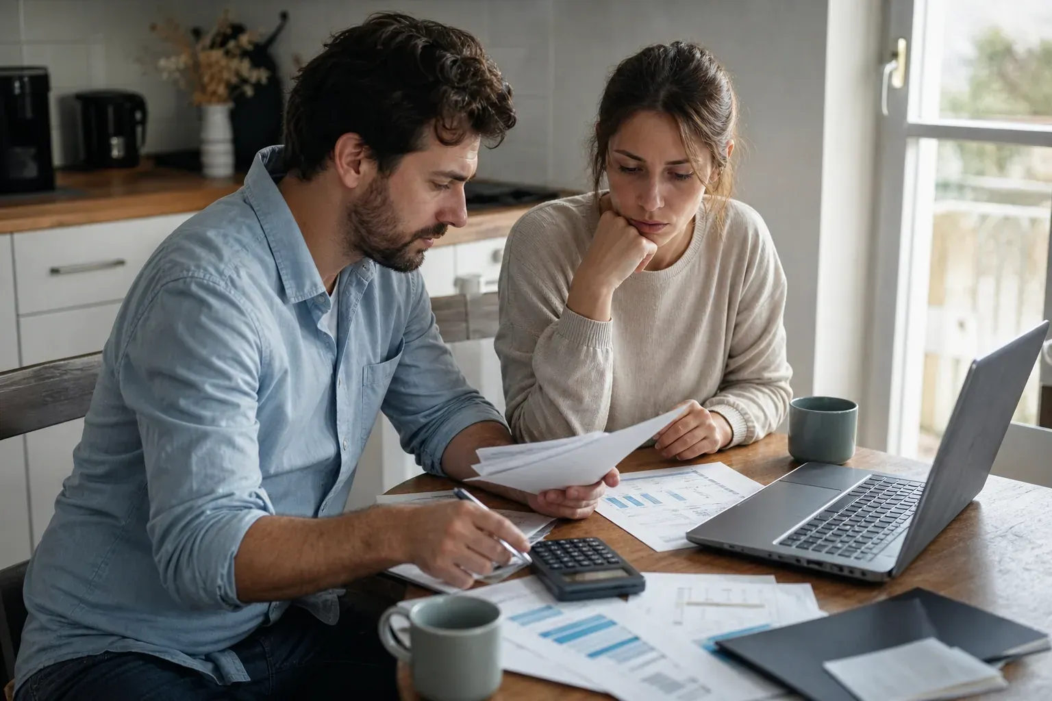 Un couple examine un dossier de prêt immobilier avec un ordinateur portable, des documents et une calculatrice sur une table.