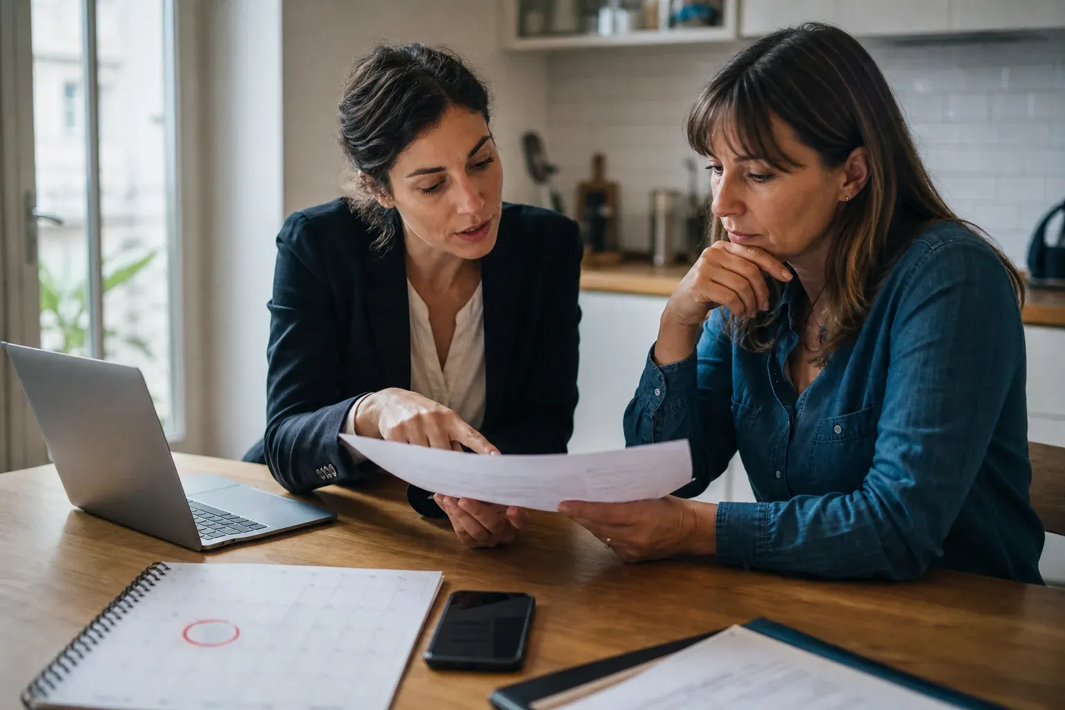 Un particulier et un conseiller examinent des documents d’assurance emprunteur autour d’un calendrier, pour préparer un changement de contrat sans rupture.