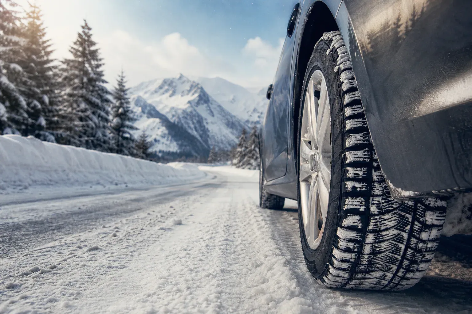 Voiture équipée de pneus hiver roulant sur une route de montagne enneigée bordée de sapins, sous une légère chute de neige.