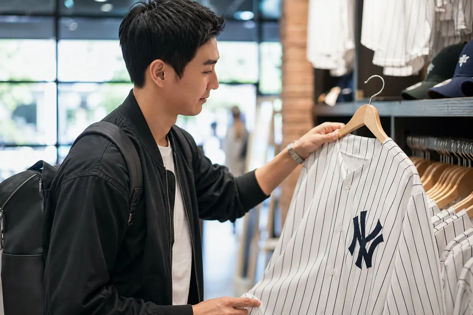 Un fan tient un maillot MLB authentique sur cintre dans une boutique sportive moderne, avec les détails de couture et la matière bien visibles.