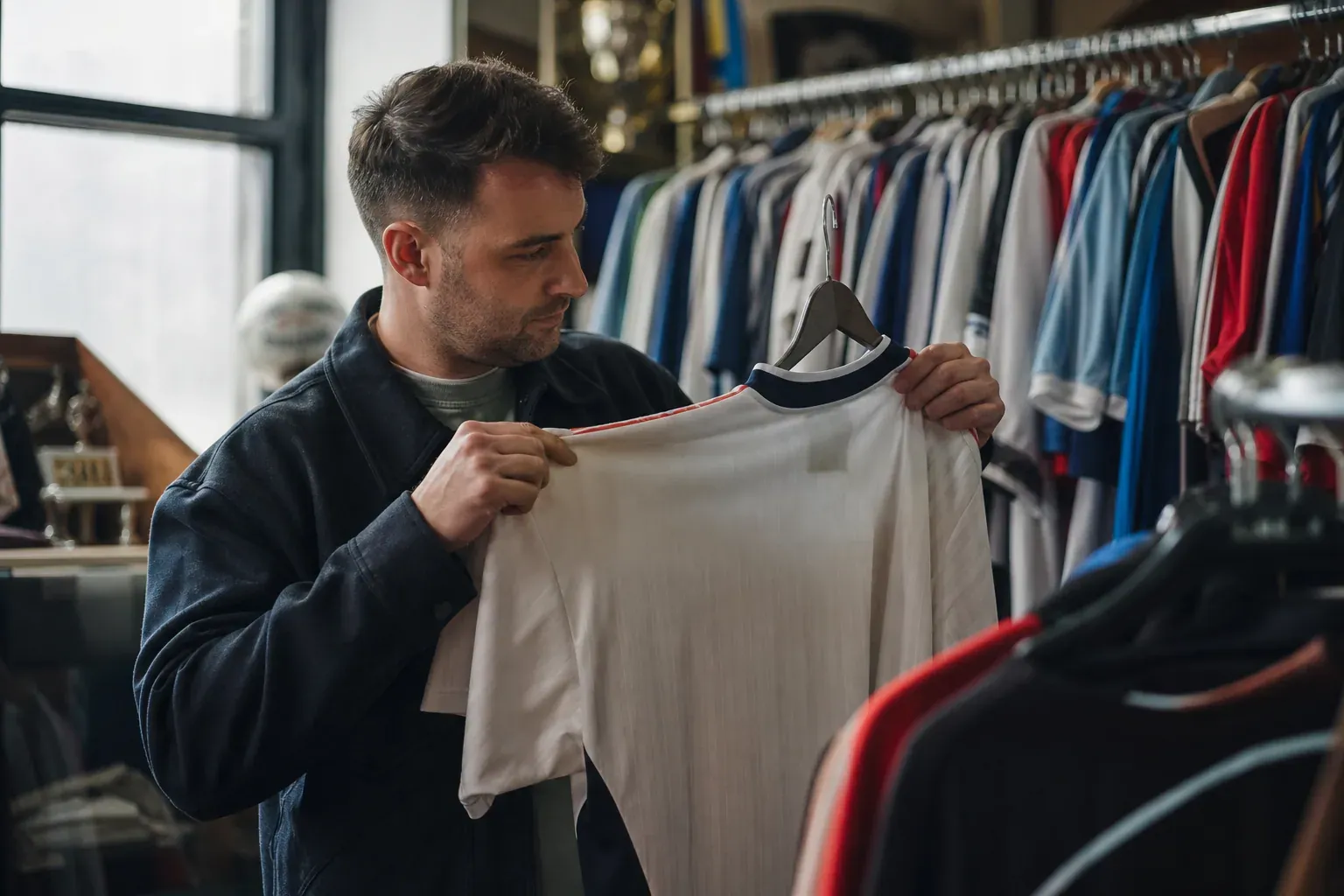 Un collectionneur examine un maillot de football vintage des années 2000 dans une boutique spécialisée, entouré d’autres tuniques rétro.