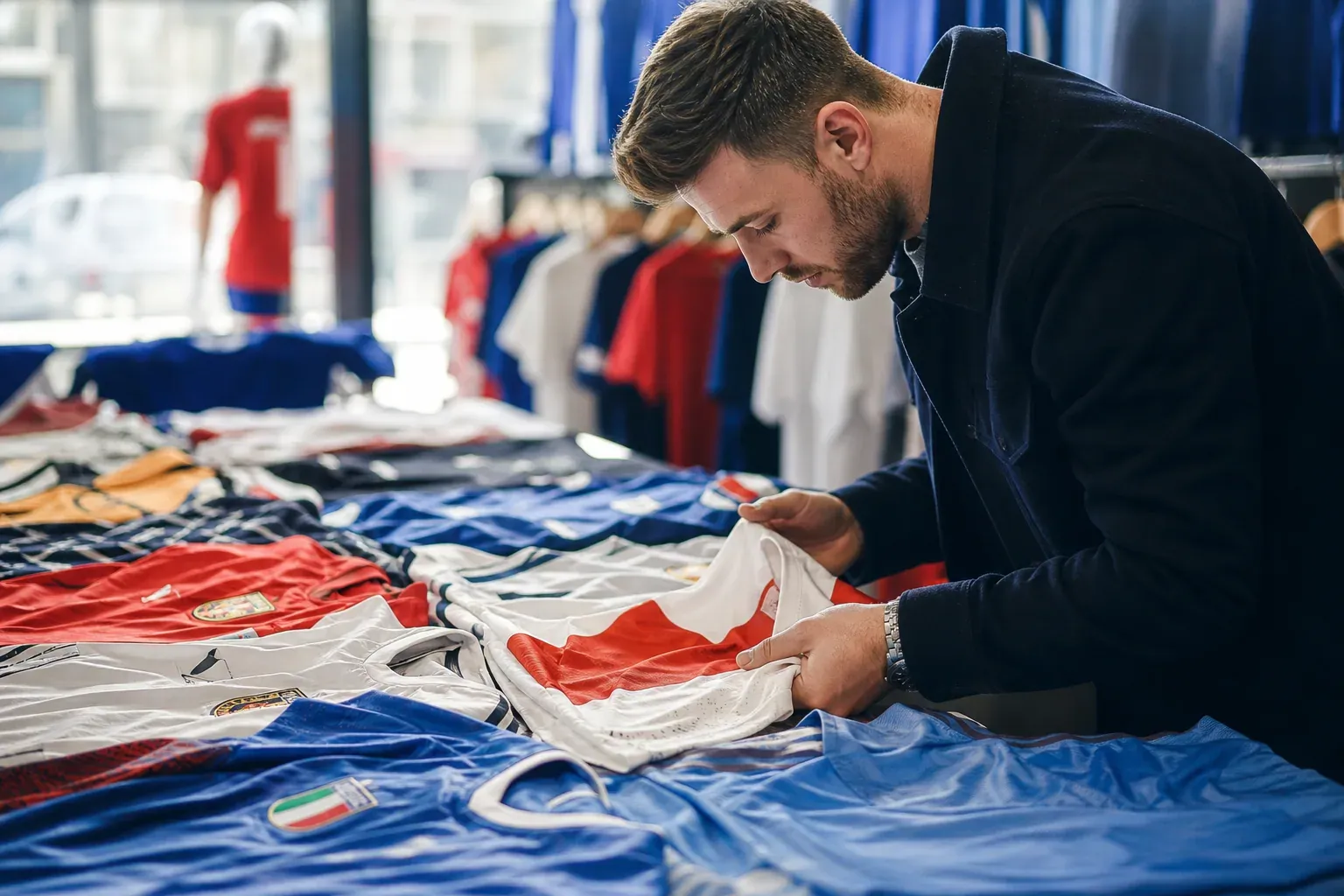 Un supporter examine plusieurs maillots officiels de l’Euro 2024 posés sur une table dans une boutique de sport.