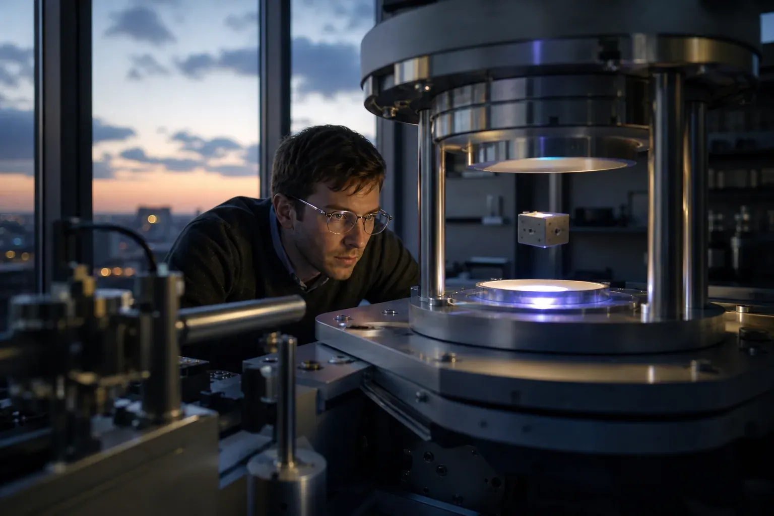 Un chercheur observe un dispositif de laboratoire destiné à tester une lévitation expérimentale dans un environnement scientifique moderne.